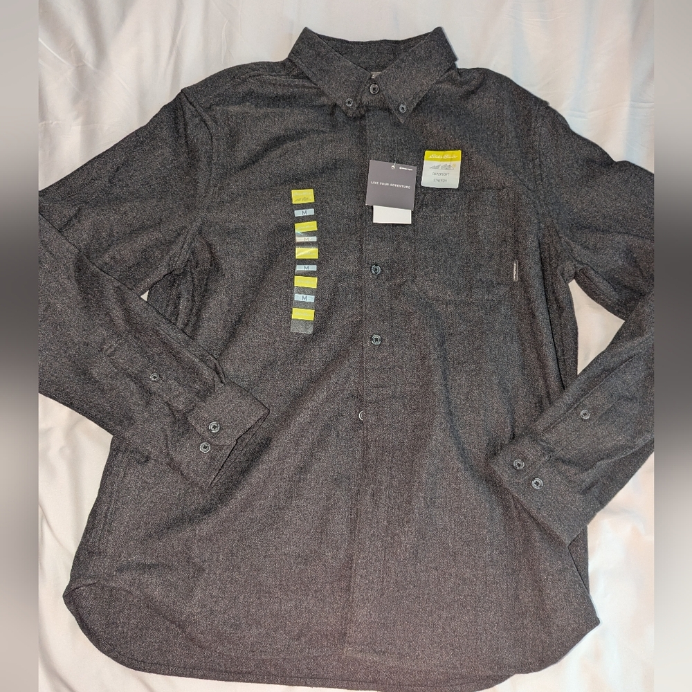 NWT Eddie Bauer Men's Medium Super Soft Stretch Gray Long Sleeve Button Up Shirt